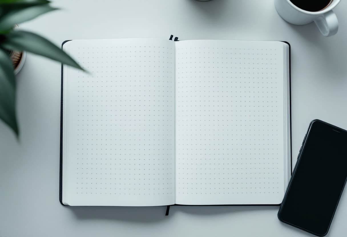 An open notebook and a phone face down on a desk in daylight