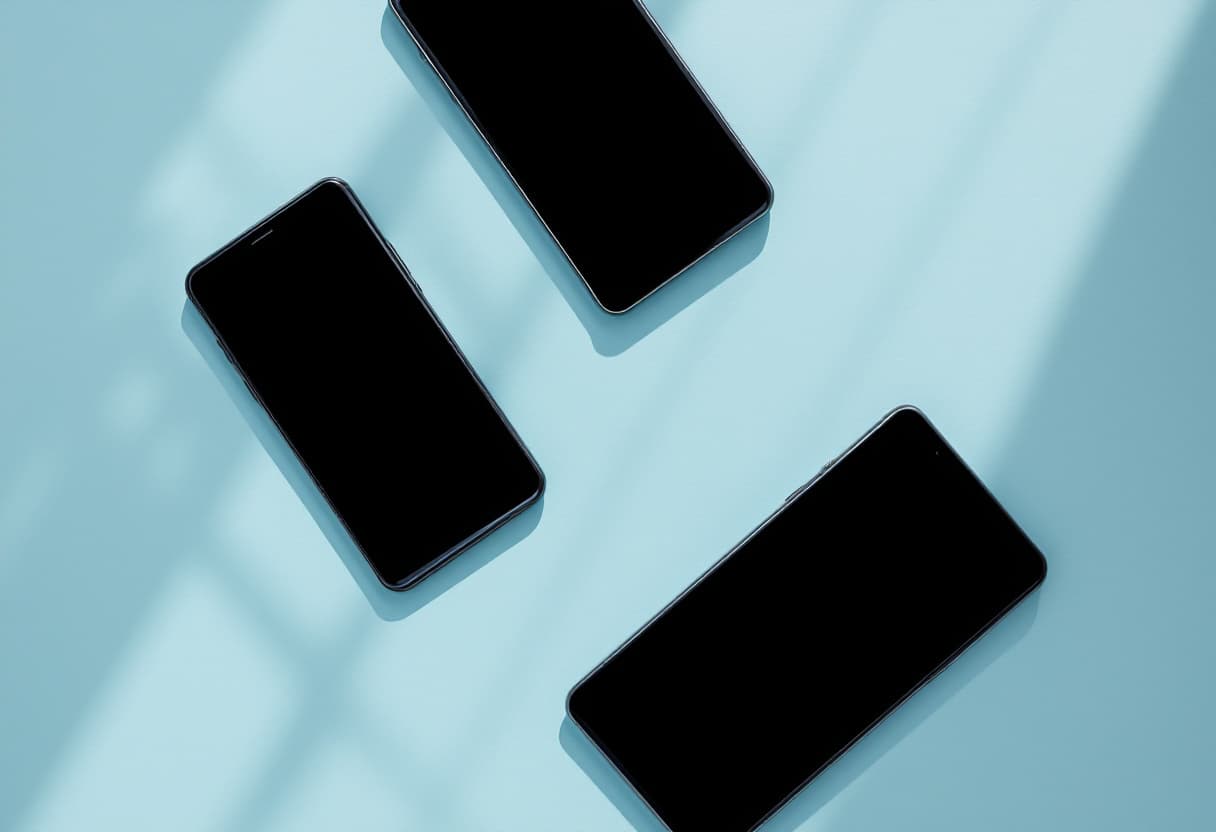 Three Android phones lying on a pale blue surface, photographed from above