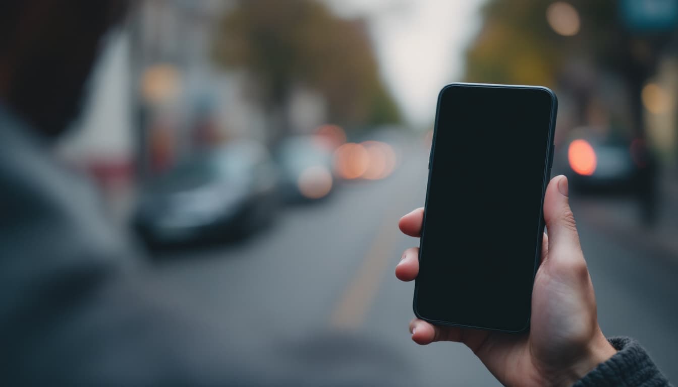 A person holding a phone on a quiet street, photographed over the shoulder