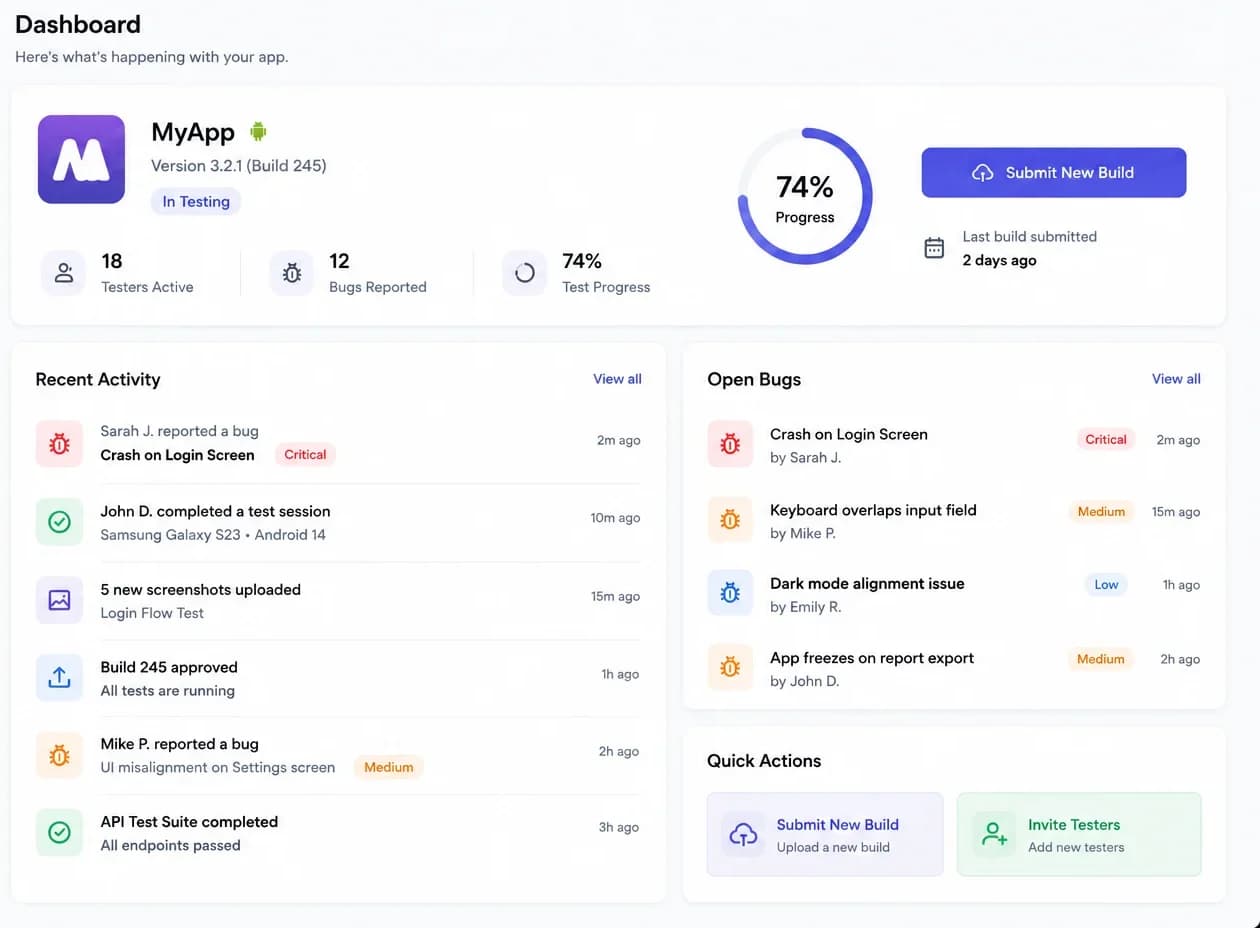 Campaign dashboard showing testers active, bugs reported, test progress and recent activity