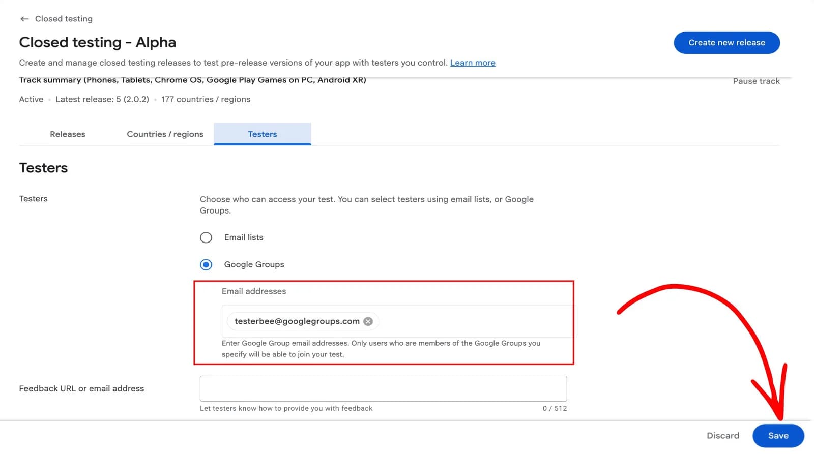 Google Play Console email list field for adding closed testers
