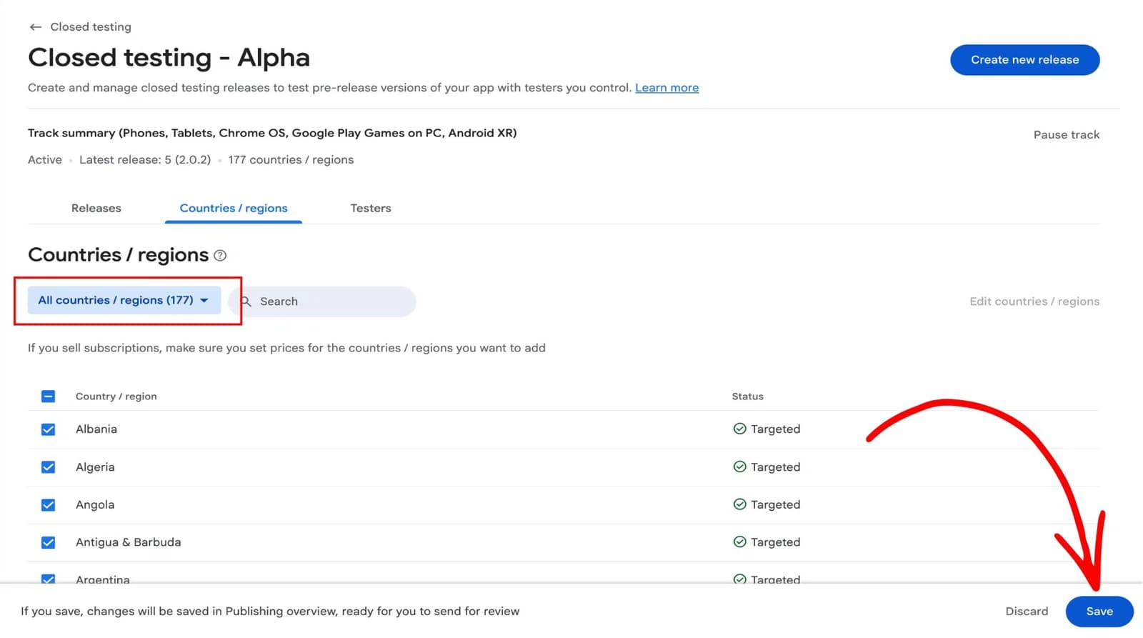 Google Play Console country selection for a closed testing track