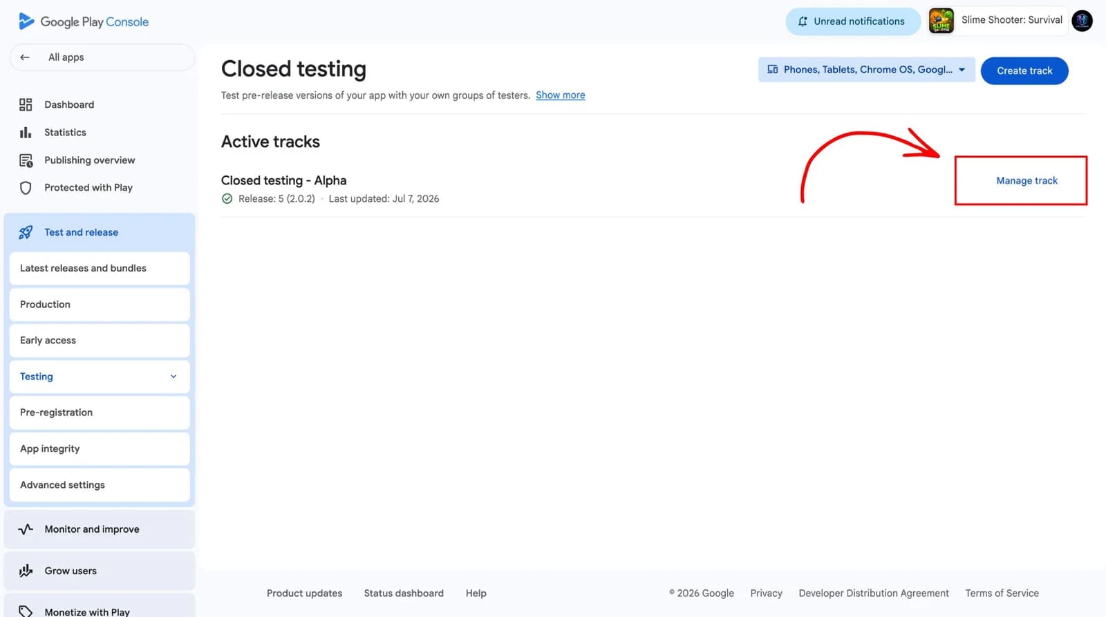 Google Play Console closed testing track management screen