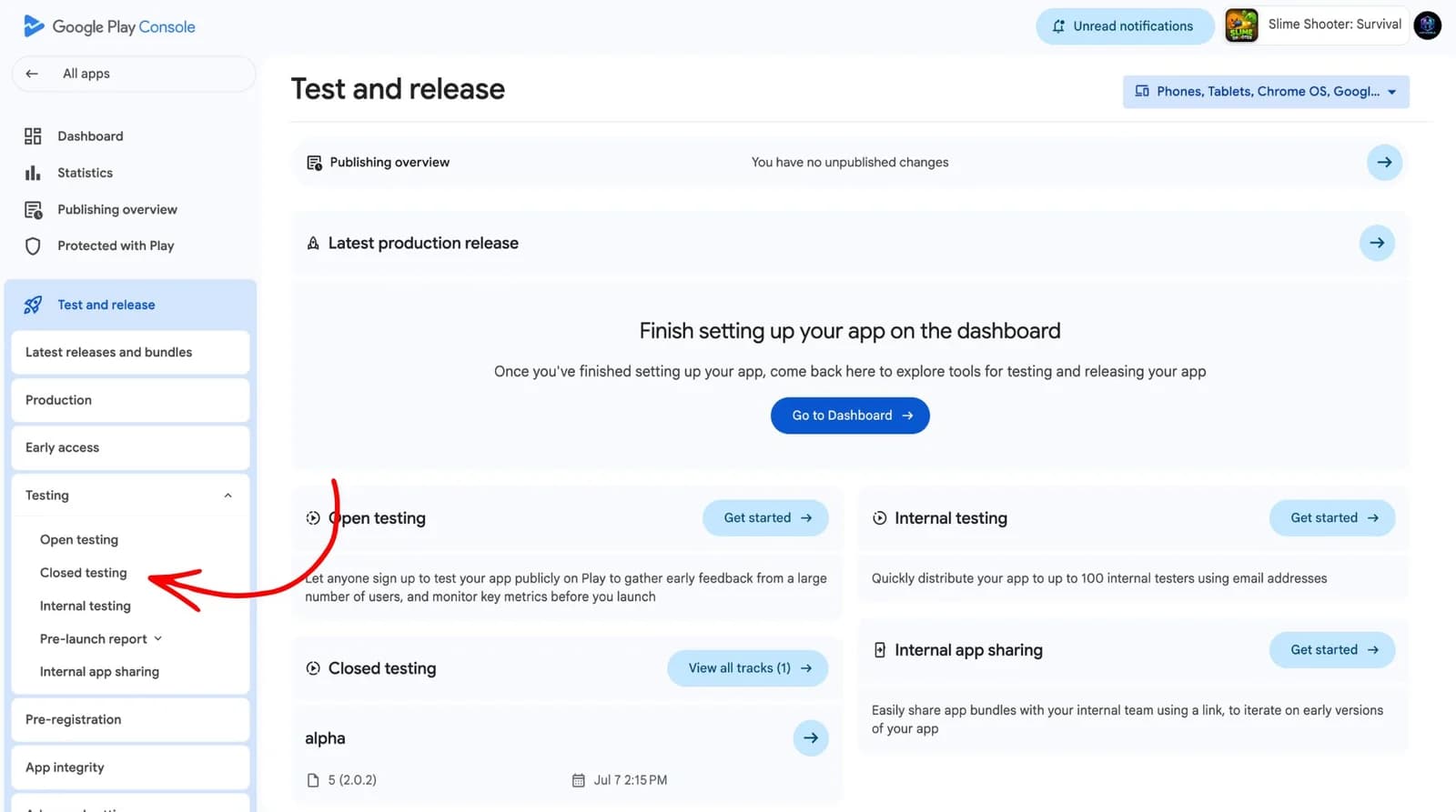 Google Play Console Test and release page with Closed testing selected in the Testing menu