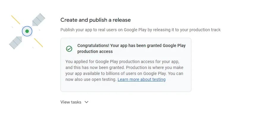 Google Play Console confirmation that production access has been granted